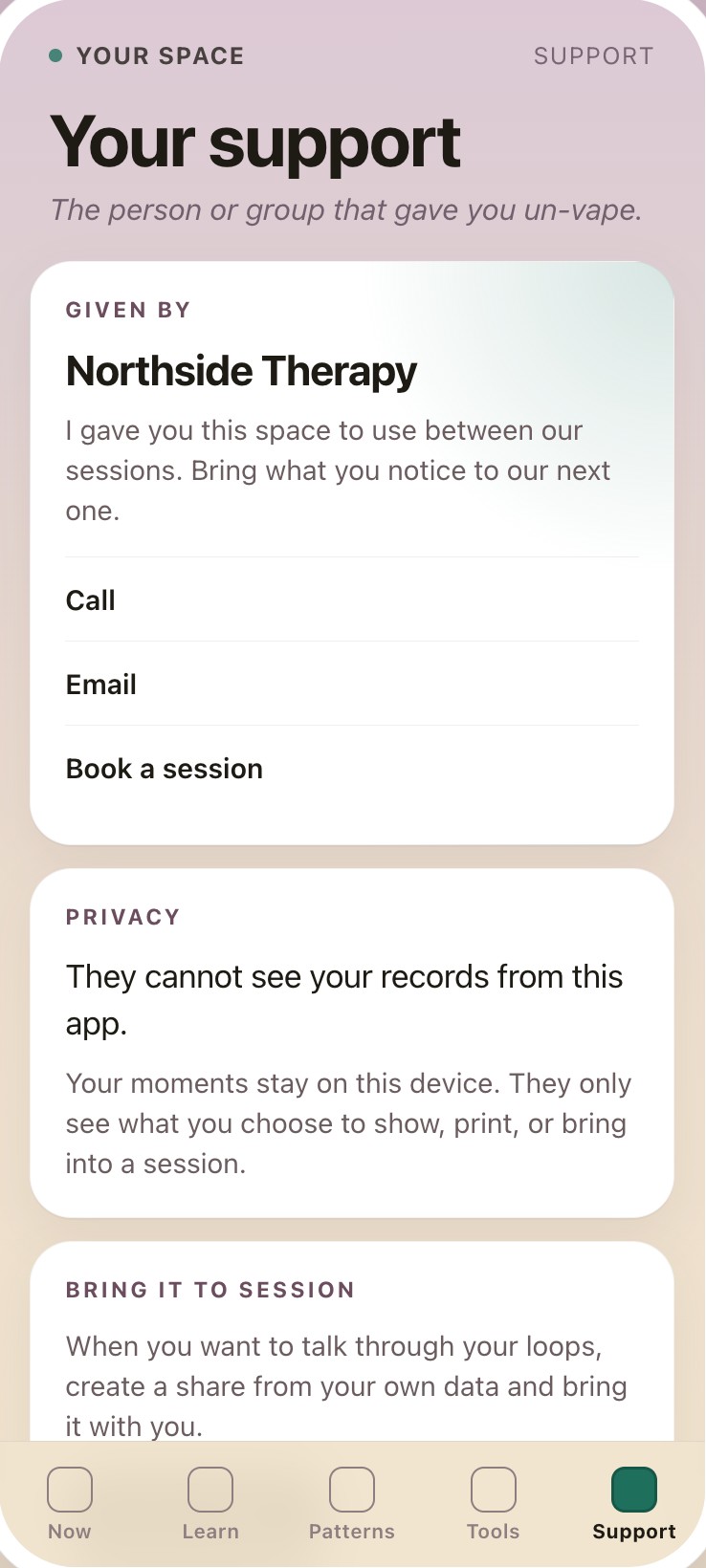 The un-vape support screen branded for Northside Therapy, showing the practitioner's name, welcome line, and contact details